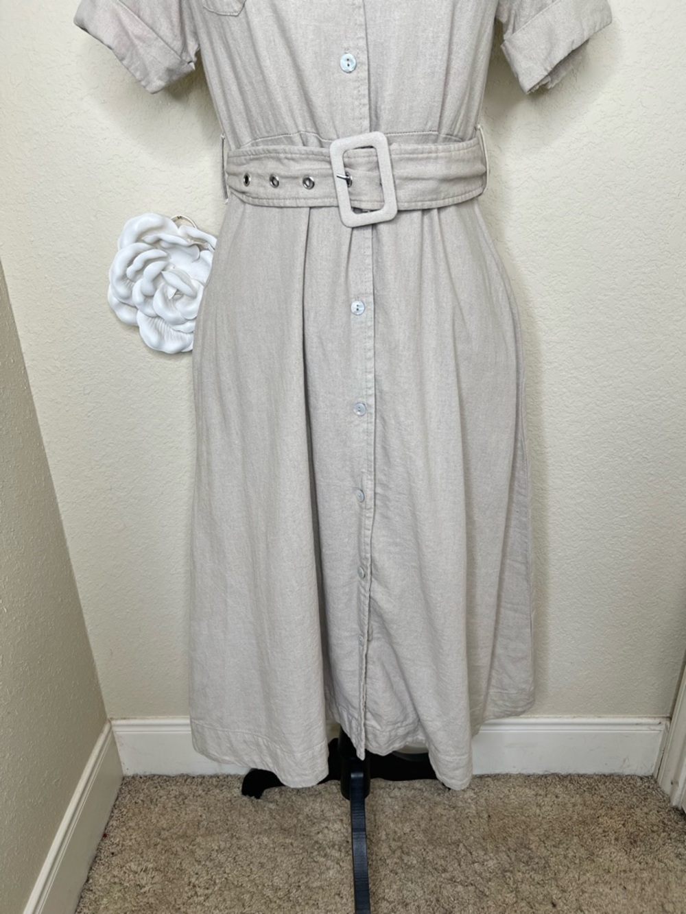 NTM Tahari Linen Blend Shirt Dress Belted Button Front Taupe XS Midi Pockets - Picture 4 of 16
